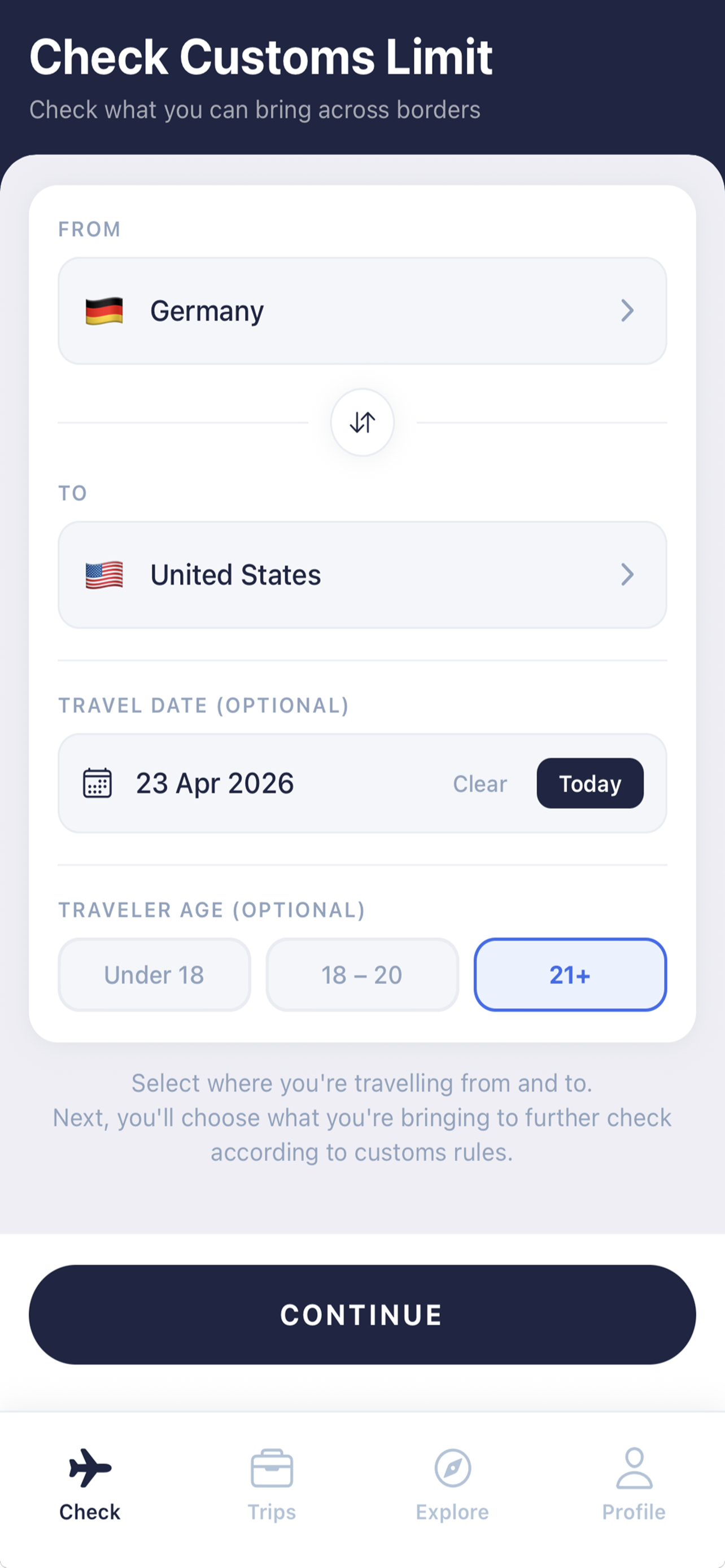 CustomsLimit route and traveler setup screen